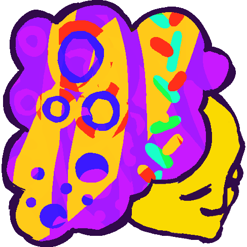 A yellow persons head with a cloud coming out of it. The cloud has random shapes and colors.